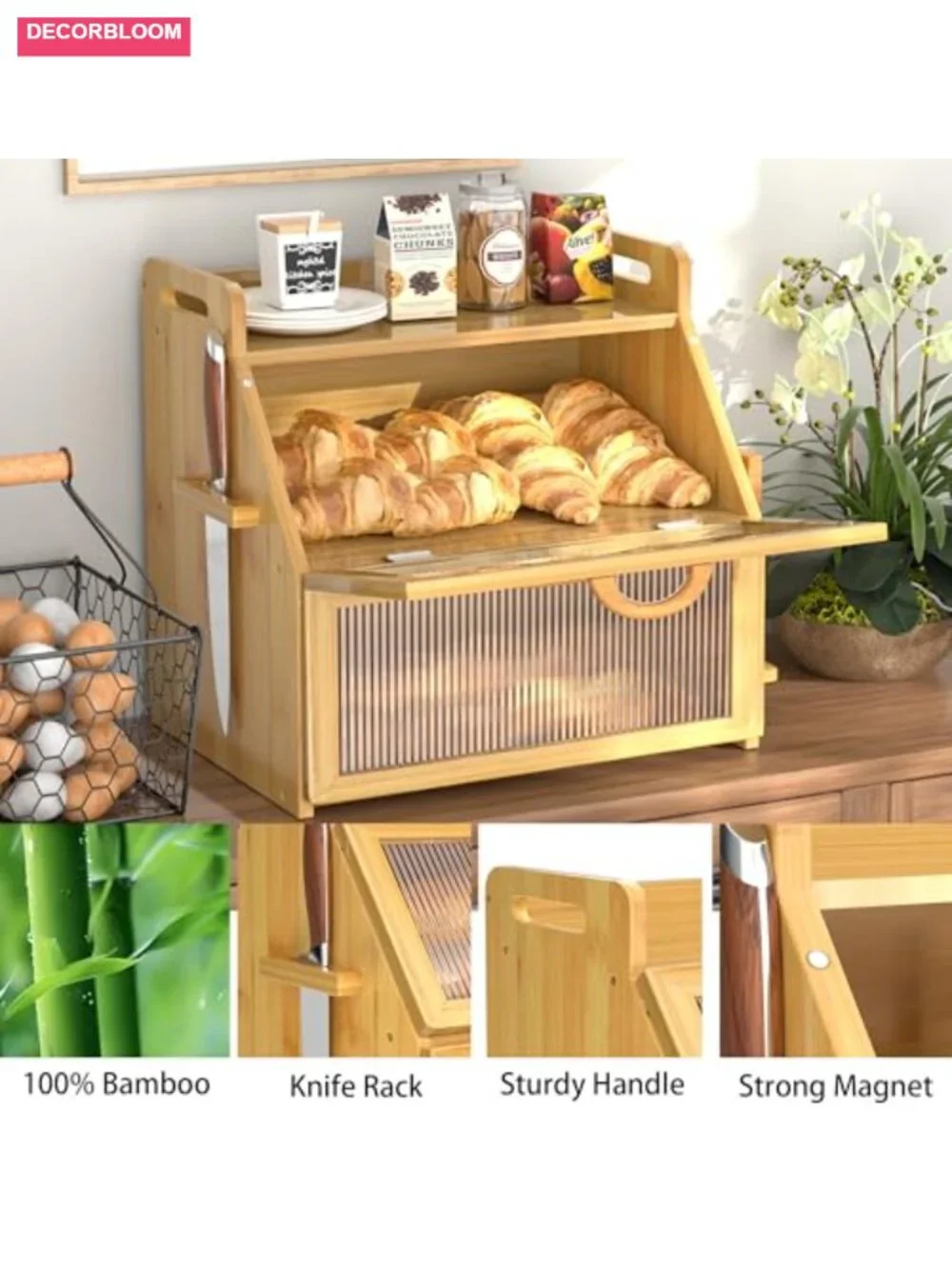 Large Bamboo Bread Box with Acrylic Window, Double Layer Kitchen Countertop